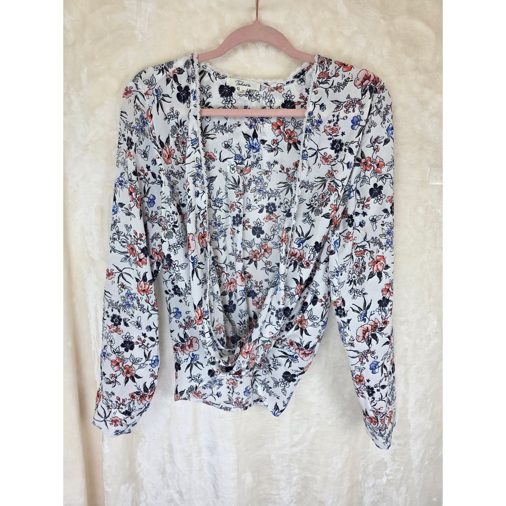 Takara‎ Floral Surplice Wrap Blouse White Coral Blue Long Sleeve Twist Front M